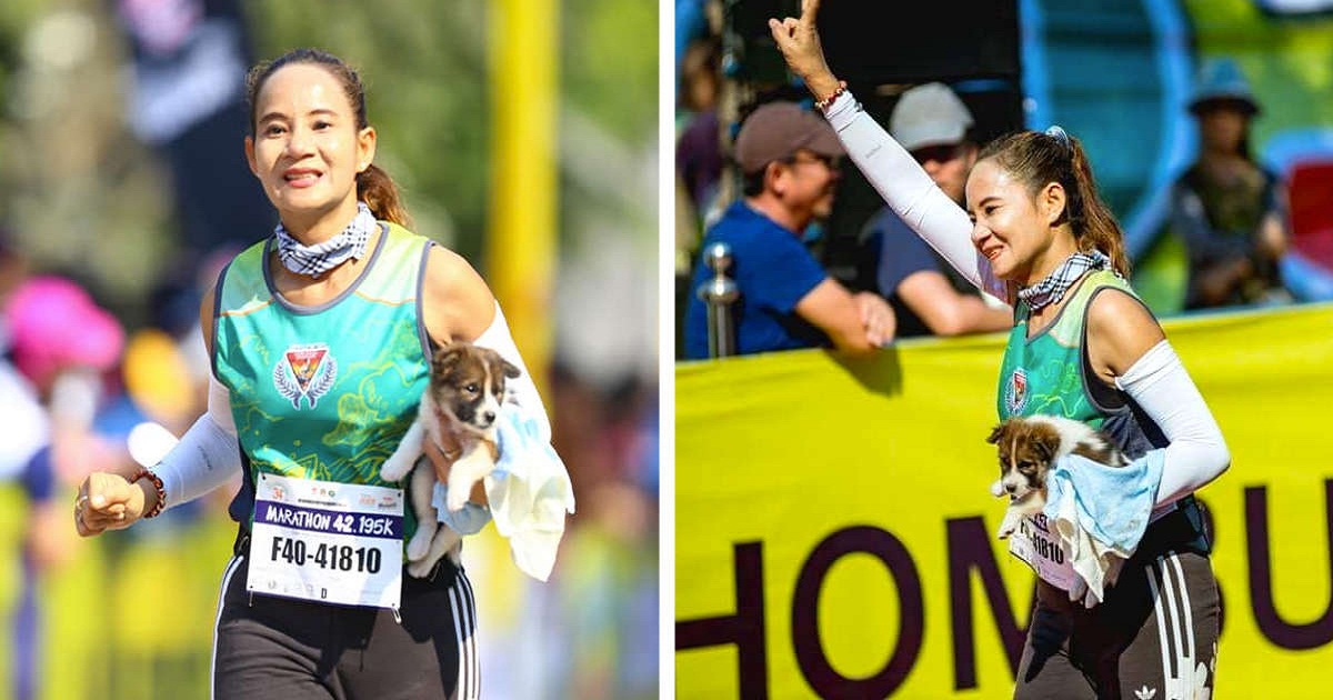 Woman Finishes Marathon Carrying Puppy She Rescued Along The Way