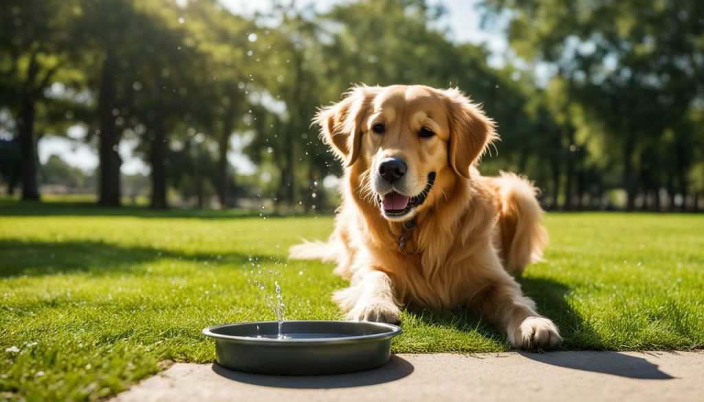 Dog hydrating during hot weather walk