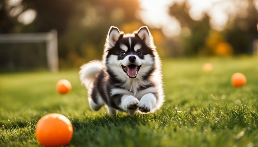 pomsky playing at the park