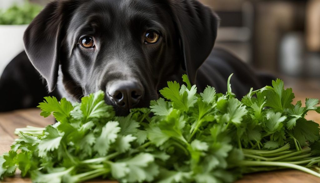 Dog sampling cilantro